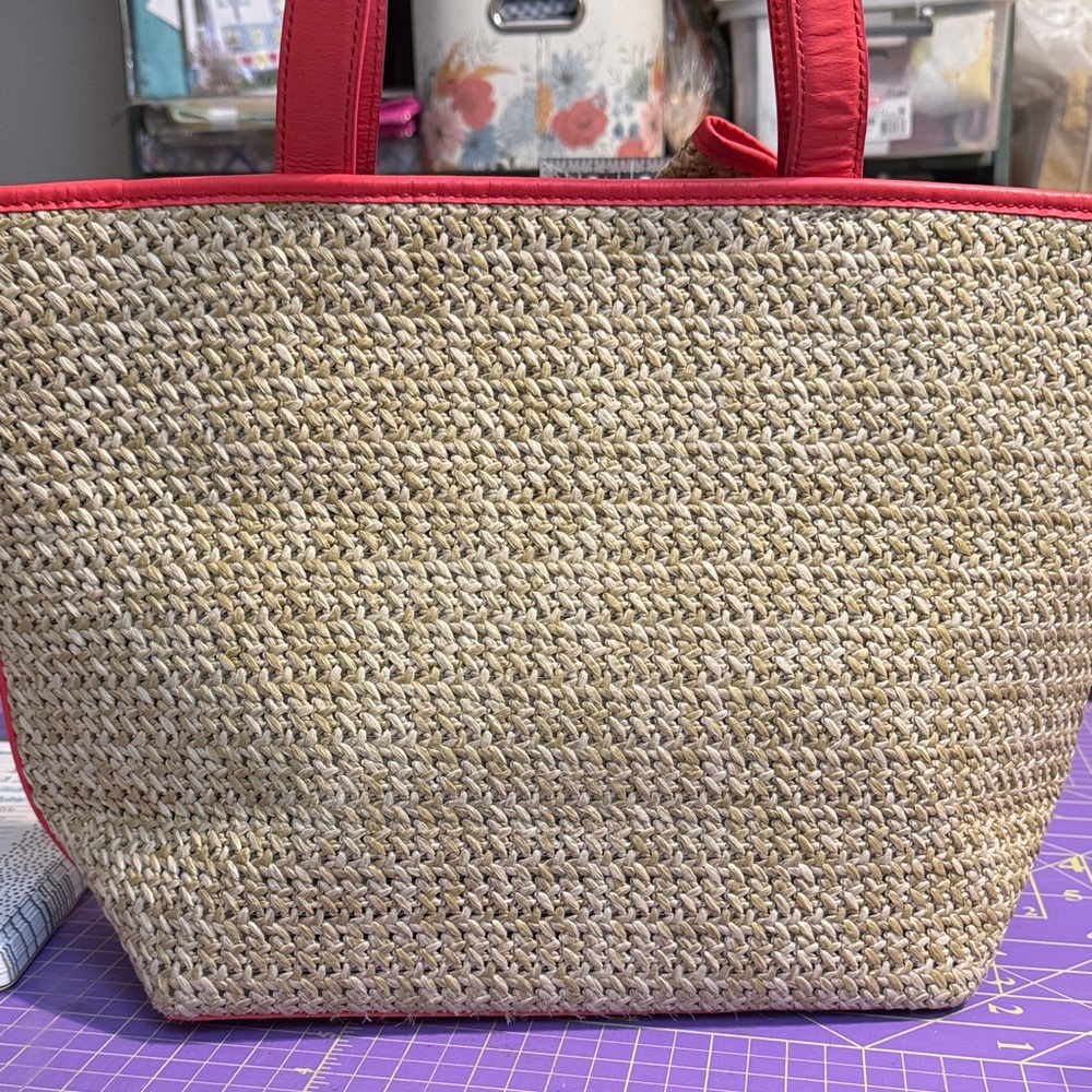 Kate Spade Tan Straw Tote with Red Orange Trim - Picture 5 of 9